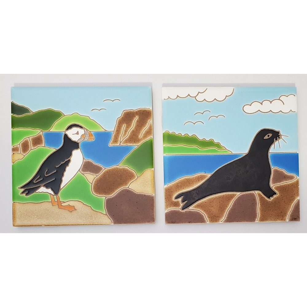 Vintage Besheer Art Tile Lot Set Puffin Bird Sea Lion Animals Trivet Nature 6"